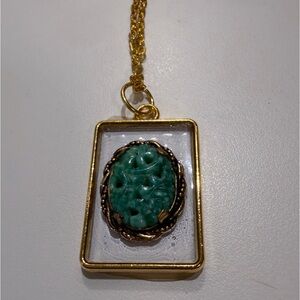 Vintage Carved Jade and Gold Pendant Necklace • Floating Gold-Tone Frame